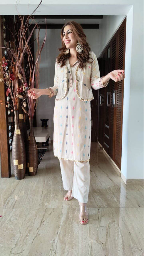 Three Piece Jacket Off White Pathani Set